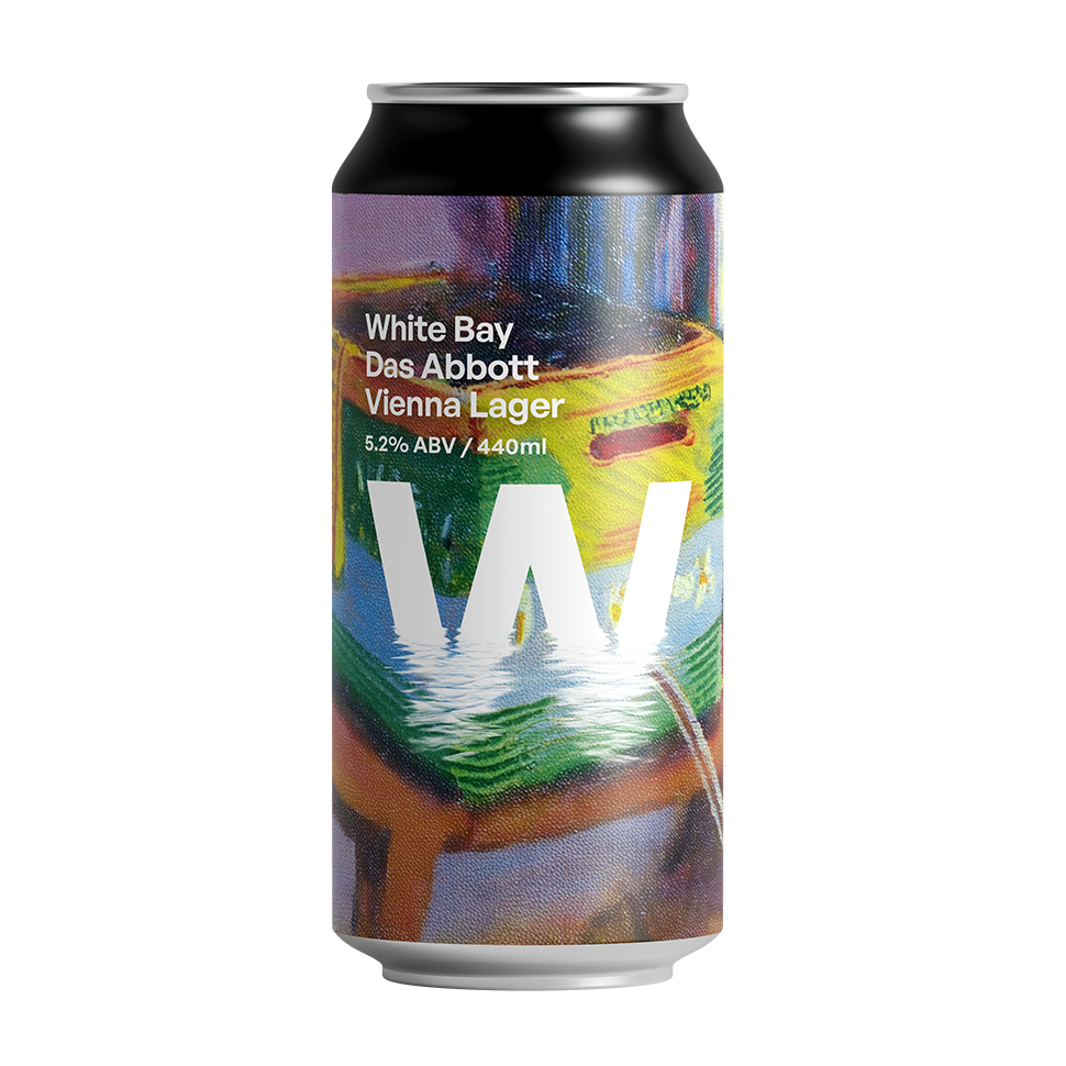 A can of 'Das Abbott' Vienna Lager by White Bay Brewing Co. with an abstract, colorful design textured like paint on canvas.