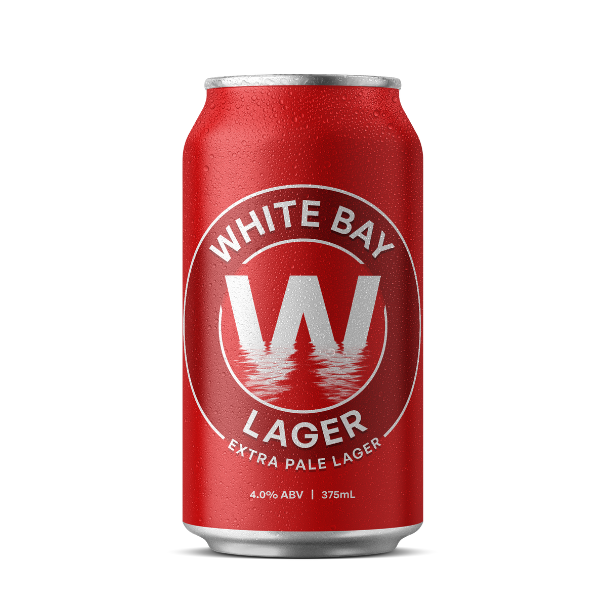 A 375mL aluminum can of White Bay Lager Extra Pale Lager beer, featuring a textured red body with a large white circular logo and text, set against a plain white background.